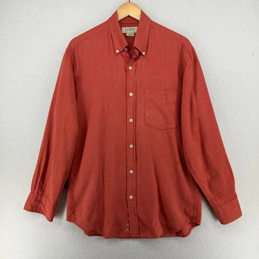 J.CREW Shirt Mens S Oxford Woven Button Up Long Sleeve Cotton Orange OCBD VTG HK
